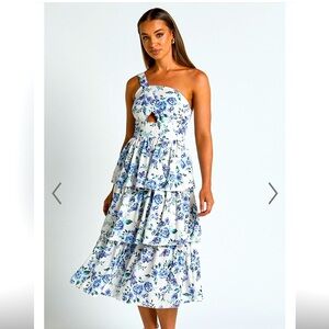 Blue and White Floral Tiered One-Shoulder Midi Dress